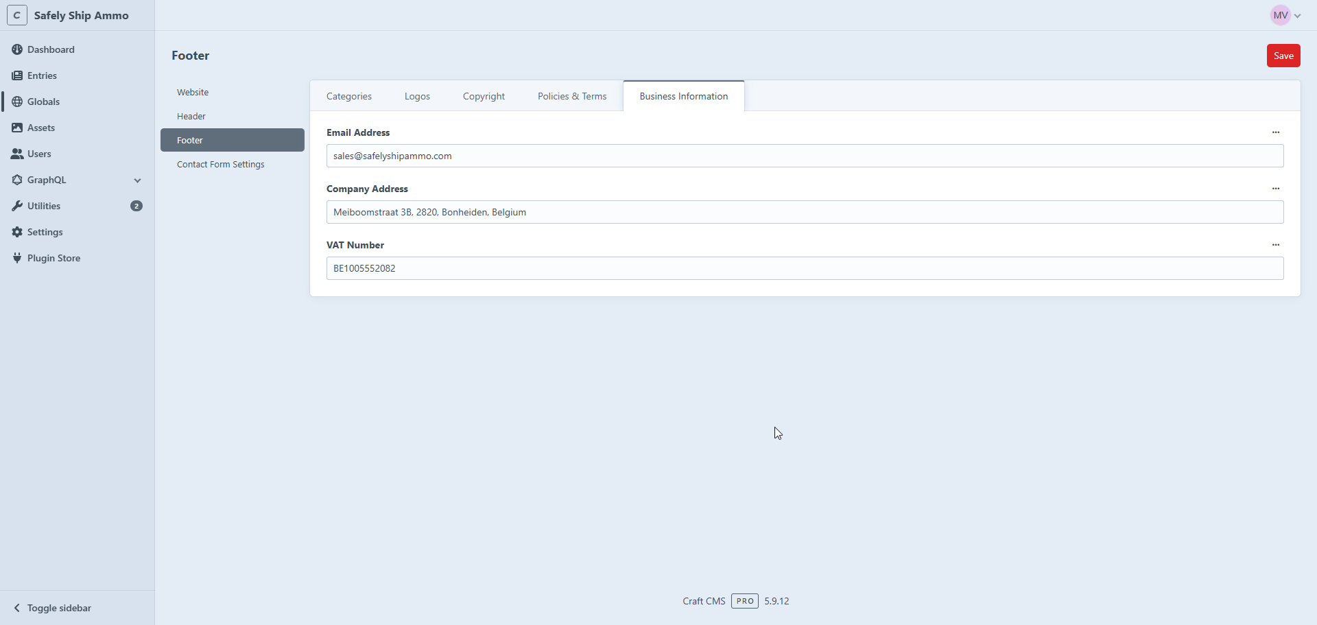 Footer instellingen